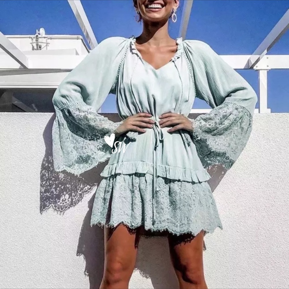 Lace Bell Sleeve Boho Gypsy Dress Mint Green-Blue - Picture 2 of 12